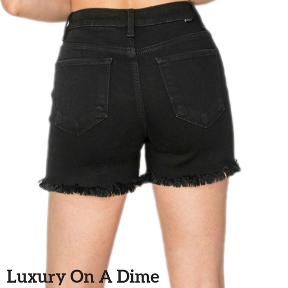 RISEN Black Cut-off Frayed High Rise Distressed Denim Mid-length Jean Shorts - Picture 4 of 16